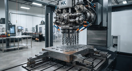 CNC drilling center machining a large metal component