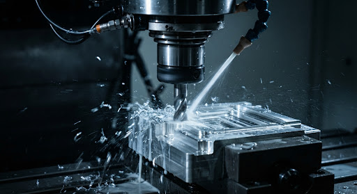 Five-axis CNC mill cutting a complex component