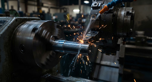 CNC lathe turning a precision metal shaft